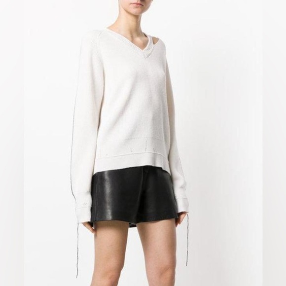 Helmut Lang Distressed V Neck Sweater Cut Out Rib Knit Off White Sz XS - Picture 4 of 16